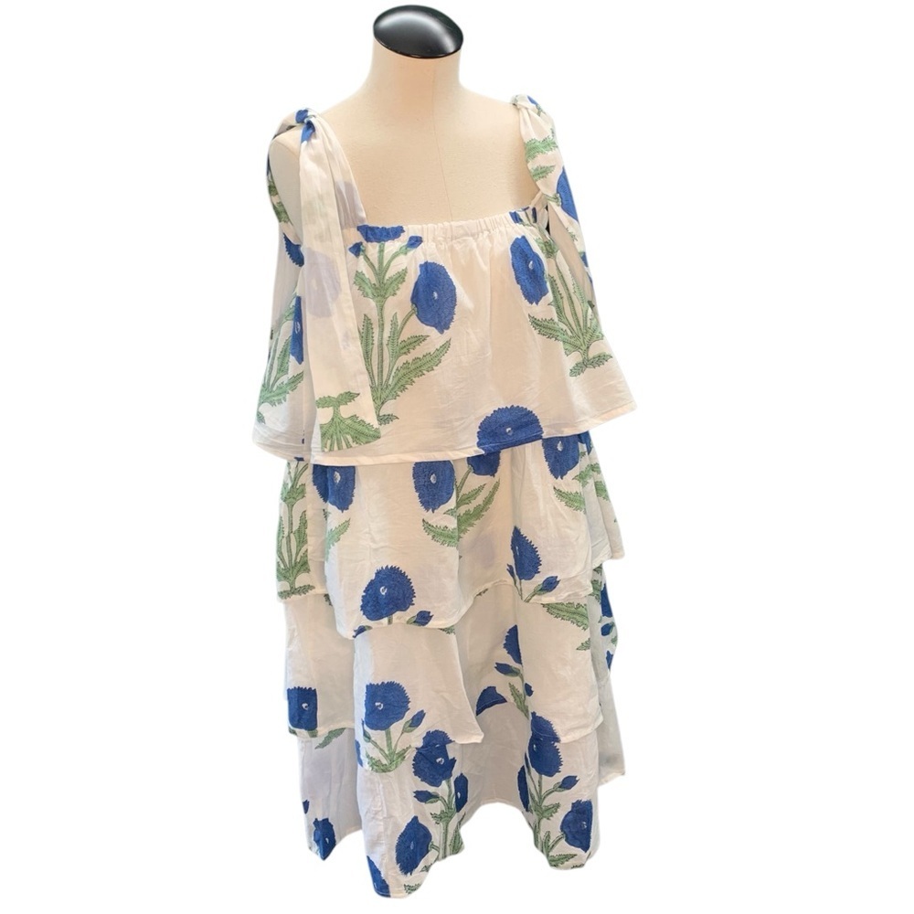 VICTORIA DUNN‎ Blue Floral Block Print Tiered Cotton Midi Dress Size S
